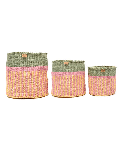 HOJA: Pink, Yellow & Green Stripe Woven Storage Basket